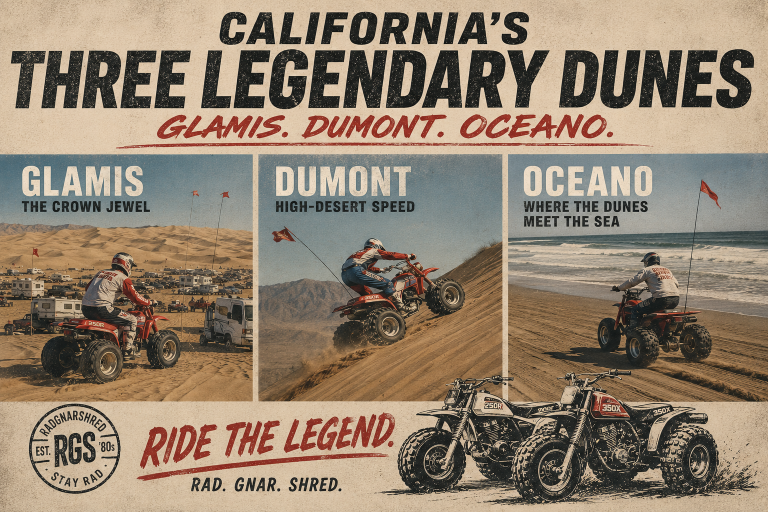 A retro tribute to Glamis, Dumont, and Oceano — the sand-soaked proving grounds where three-wheeler culture carved its place in off-road history.