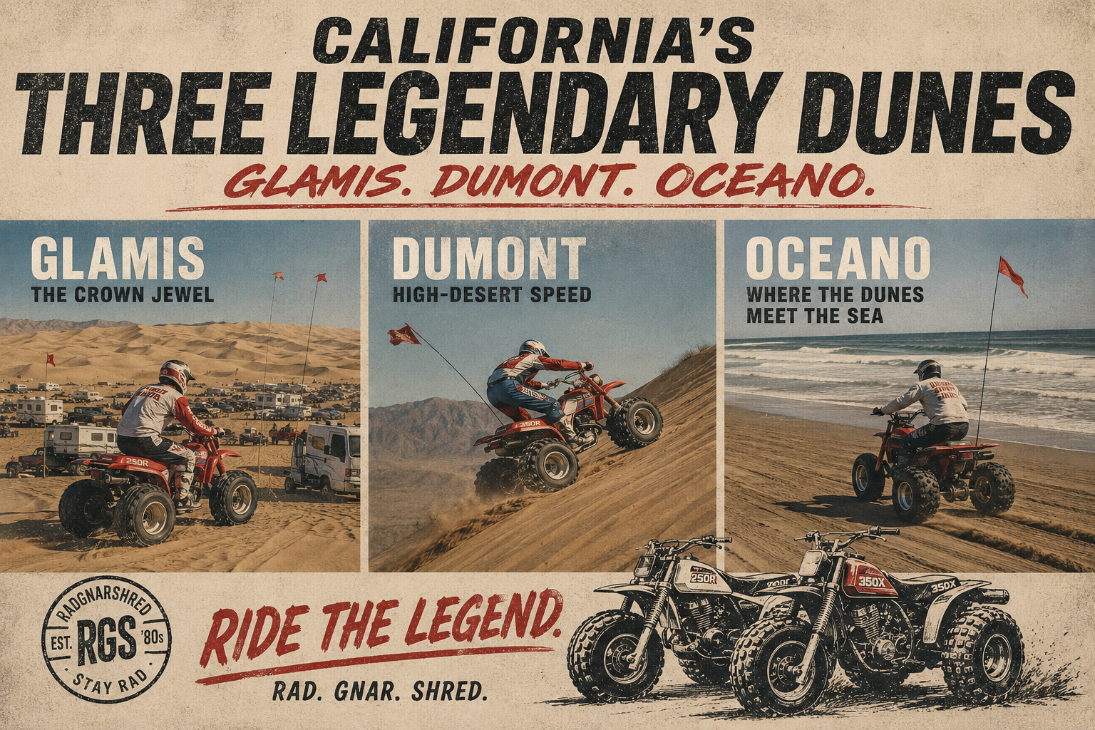 A retro tribute to Glamis, Dumont, and Oceano — the sand-soaked proving grounds where three-wheeler culture carved its place in off-road history.